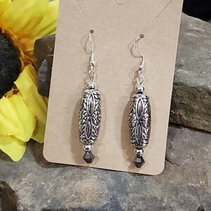 Hand Crafted Silver Tone Dangle Hook Earrings With A Jet Hematite Crystal Bead